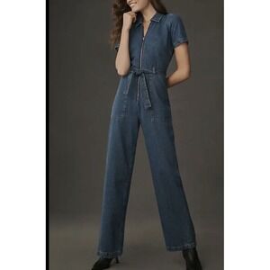 Reformation Cassidy Denim Jumpsuit  Zip Up Belted Wide Leg Size 10